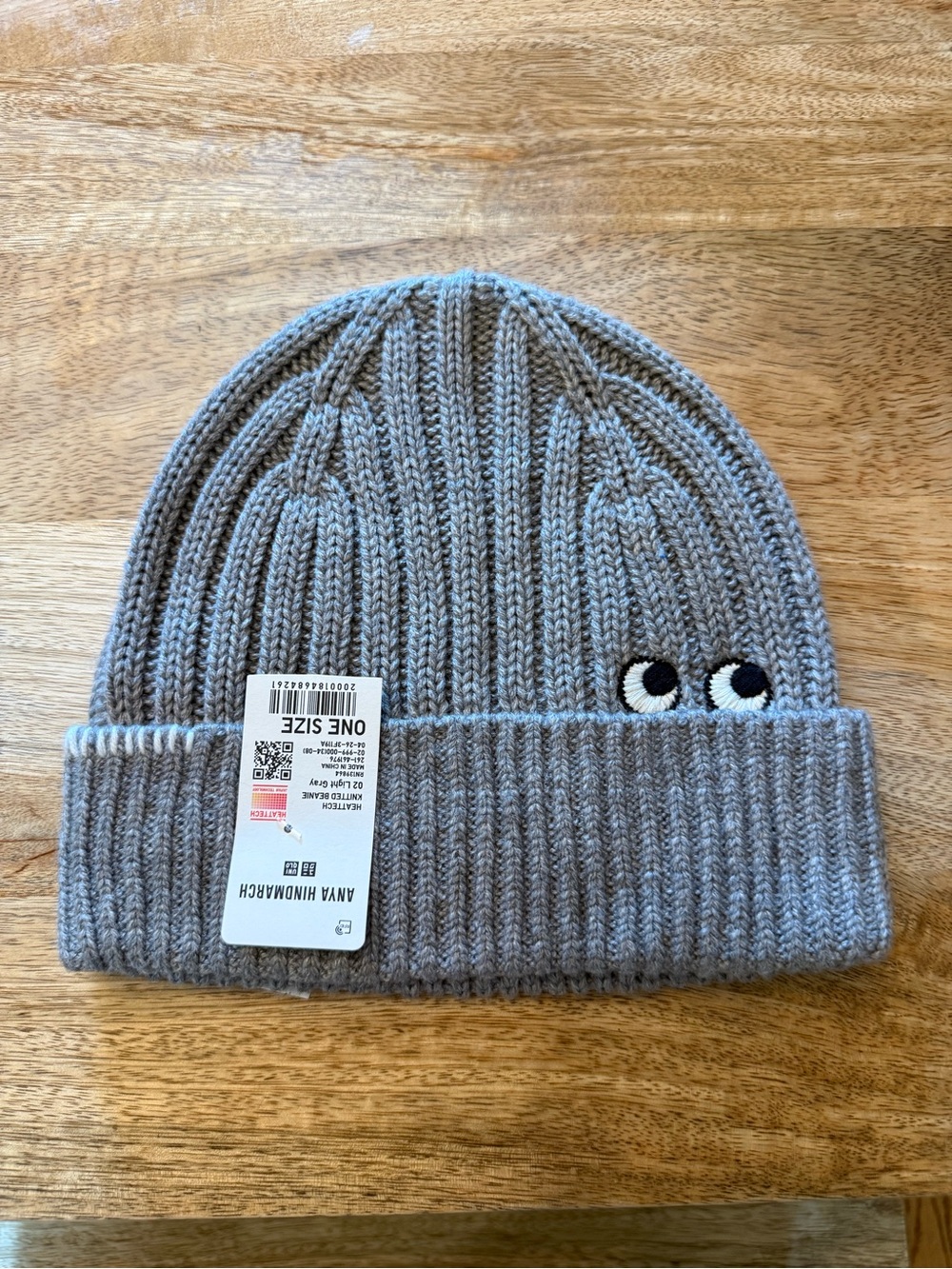 Anya Hindmarch for Uniqlo Gray Ribbed Knit Beanie with Playful Eye Embroidery